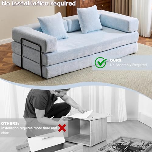 Convertible Floor Sofa Bed, Foldable Mattress Cloud Couch with Pillow Back & Armrest, Chenille Sleeper Sofa Bed with Fixed-Shape Frame