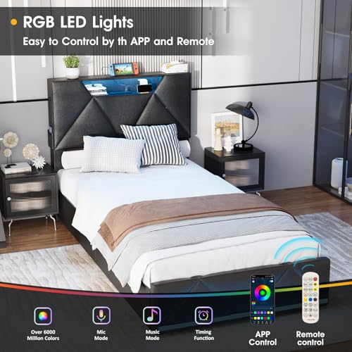 Vabches Queen Bed Frame with Storage Headboard and 4 Drawers,Upholstered Platform with Charging Station and Led Lights,Adjustable Headboard