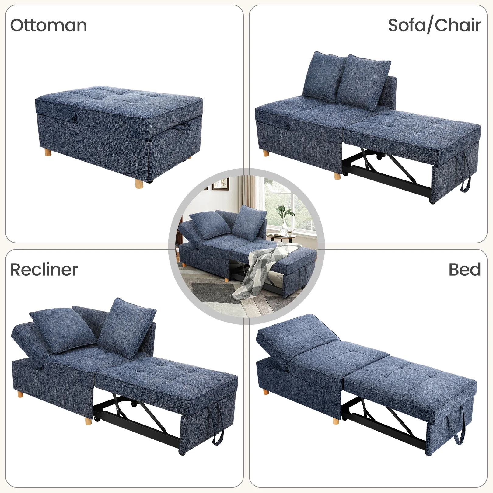 Linen Sofa Beds Chair, 4 in 1 Convertible Chair Sleeper Bed with 5 Adjustable Backrest and 2 Pillows, Blue