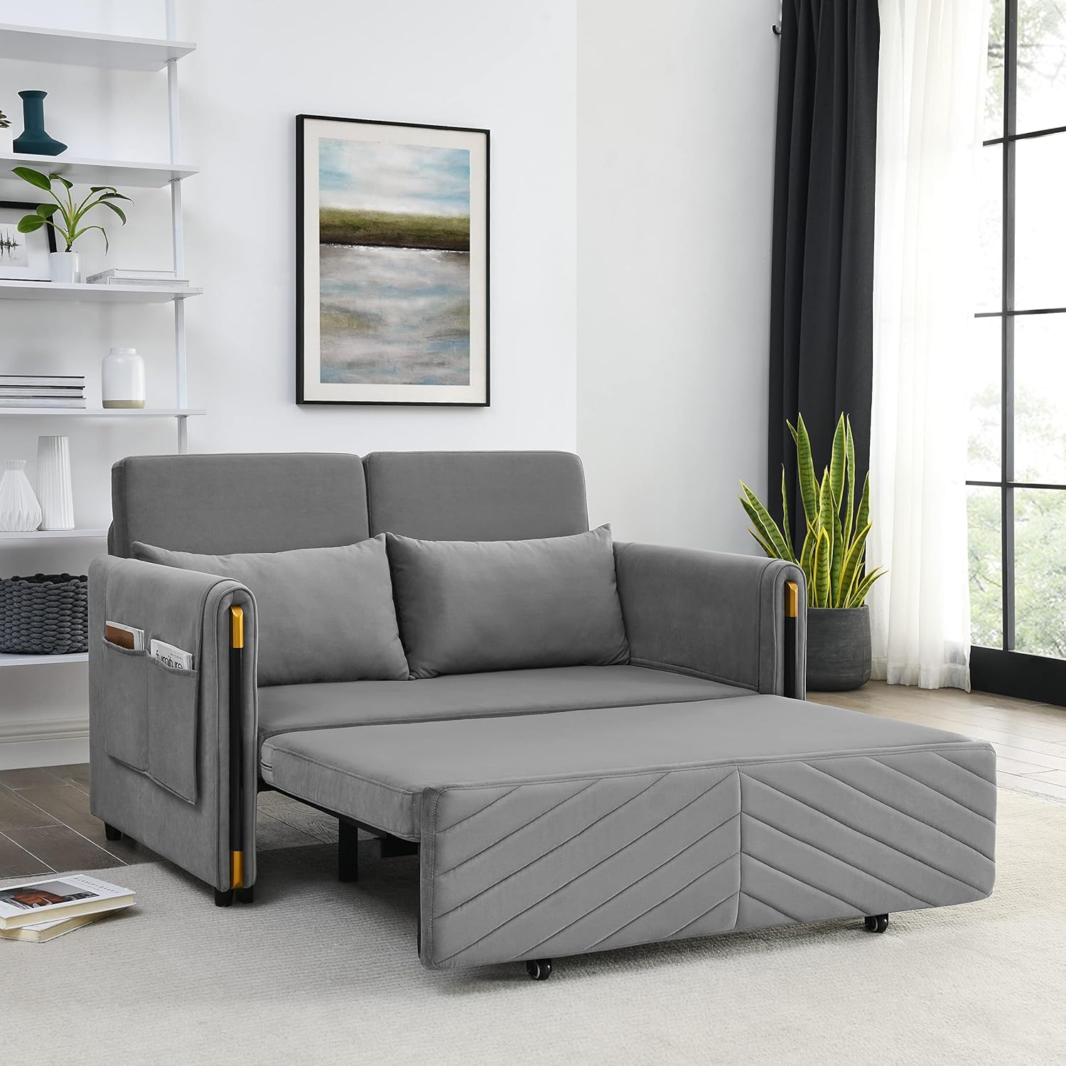 54" Velvet Loveseat, Modern Convertible Sofa Detachable Arm Pockets