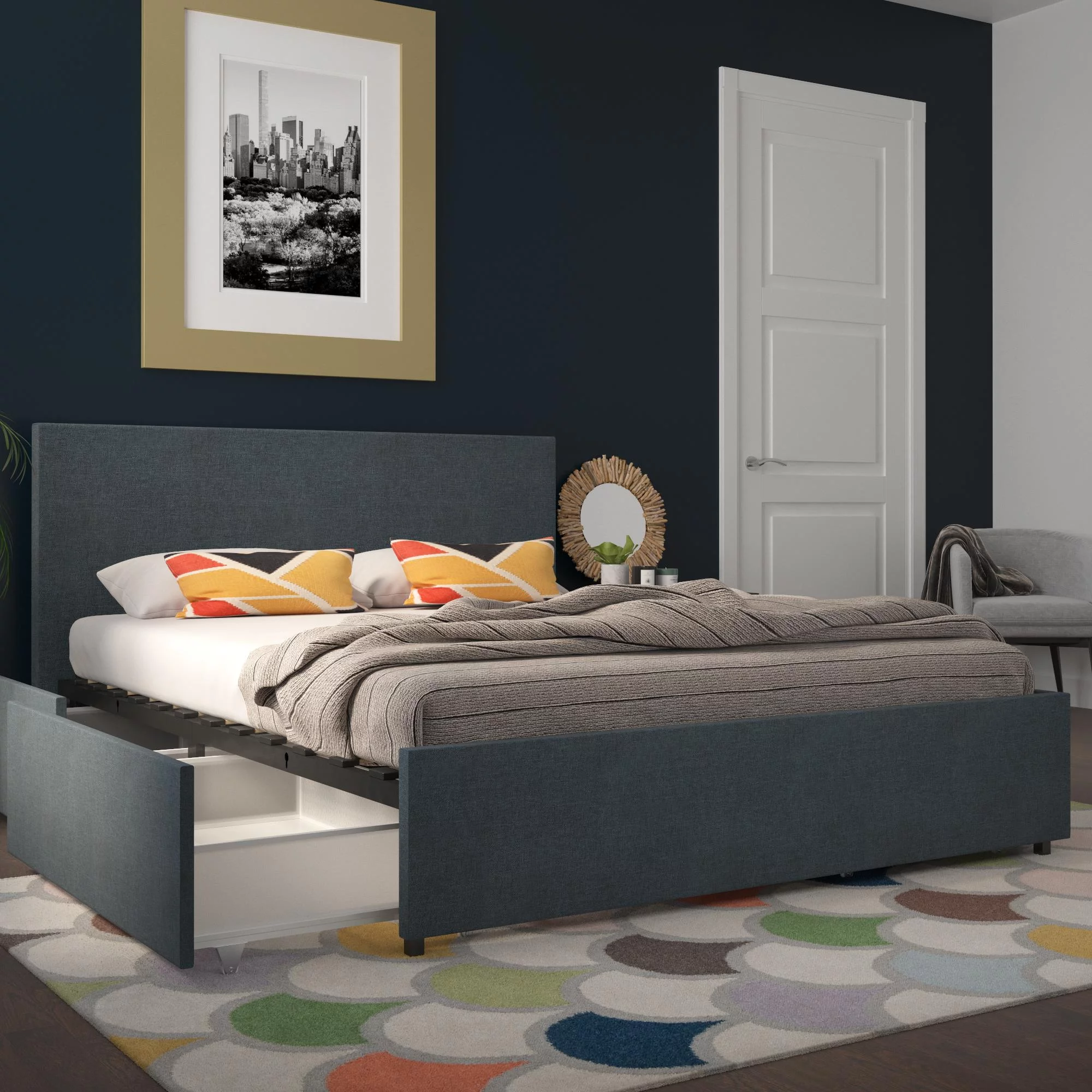 Novogratz Kelly Upholstered Storage Bed Frame, Full, Navy Blue Linen