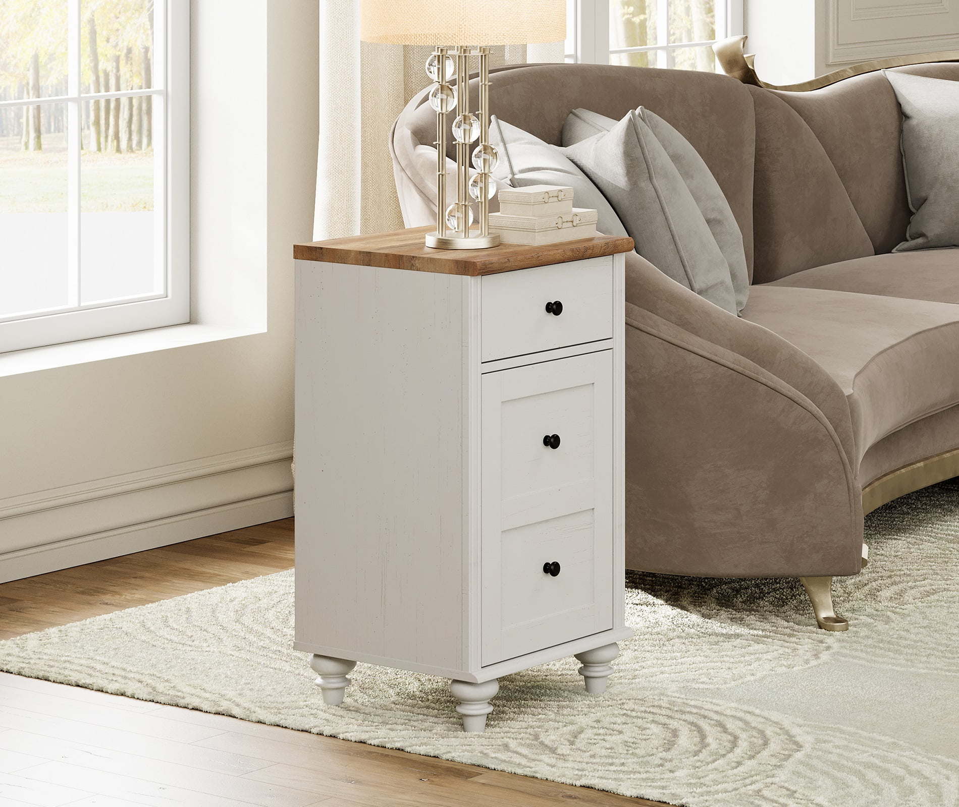 Set of 2 Nightstand with Charging Station, Bedside Table Built-in Outlets, Wood End Table with Drawer and Storage for Living Room, Bedroom,Off-White
