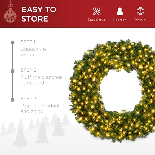 Best Choice Products 60in Large Artificial Pre-Lit Fir Christmas Wreath Holiday Accent Decoration w/ 300 LED Lights, 930 PVC Tips