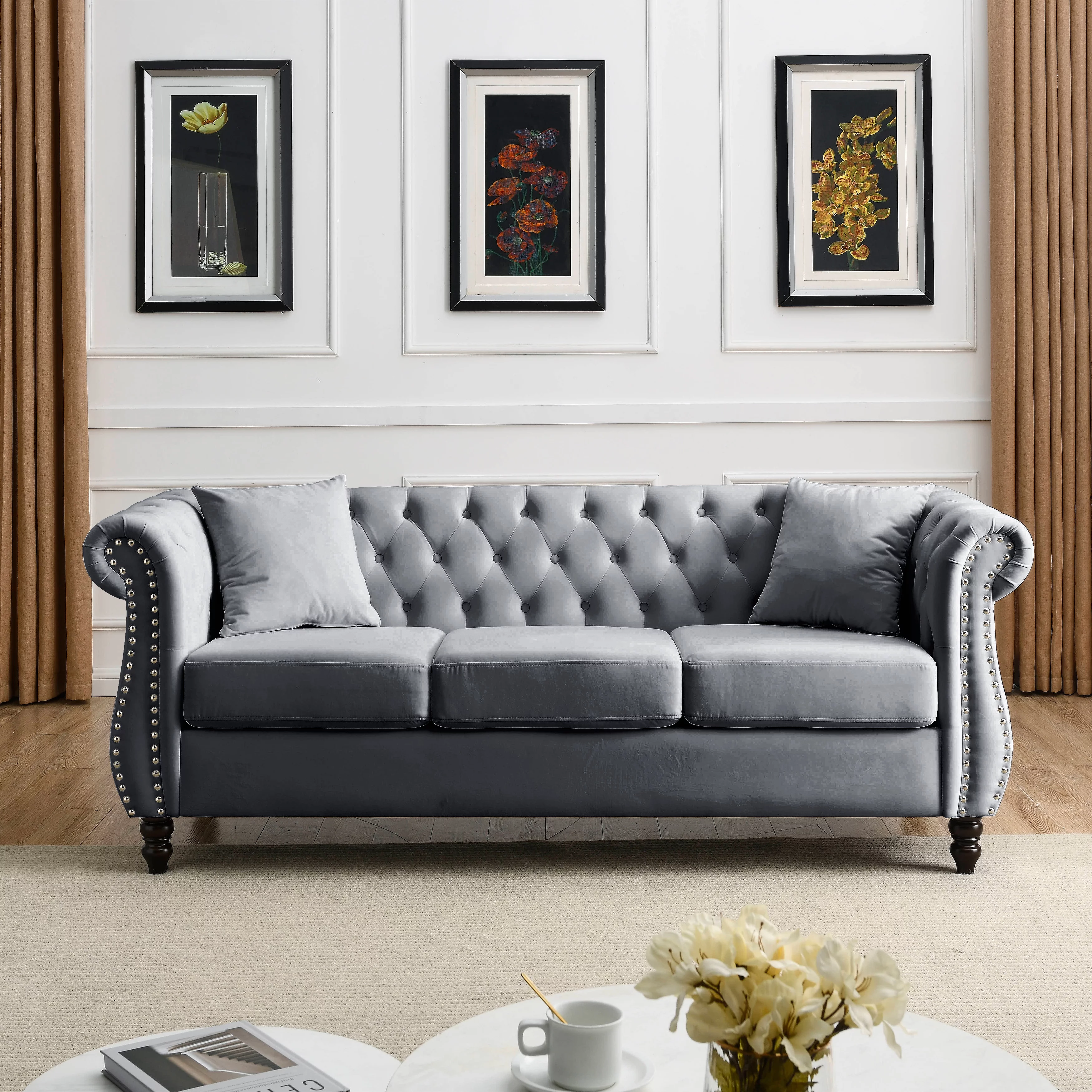 Ufurpie 80" 3-Seater Velvet Chesterfield Sofa with 2 Pillows,Tufted Couch with Rolled Arms and Nailhead,for Living Room,Bedroom,Office,Apartment,Gray