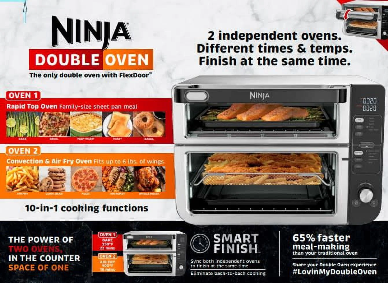 Ninja 10-in-1 Double Oven with FlexDoor, Rapid Top Oven, Convection and Air Fry Bottom Oven, Stainless Steel, DCT400