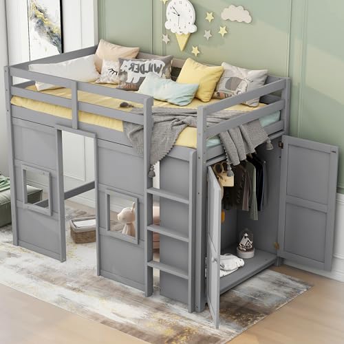 Full Size Loft Bed with L-Shaped Desk, Wardrobe and Storage Shelves, Solid Wood Bedframe w/Safety Guardrails & Ladder for Kids Teens Adults