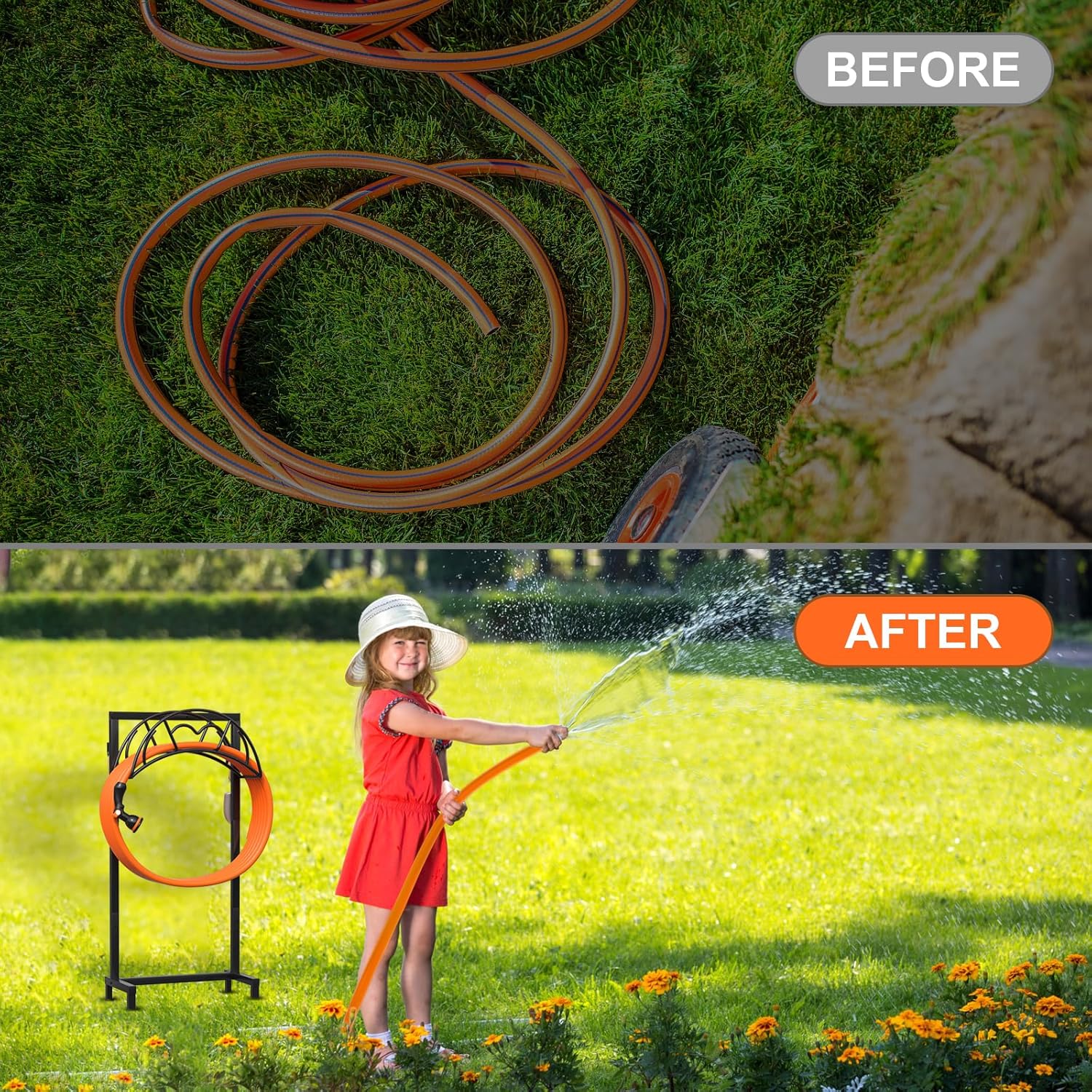 Garden Hose Holder, Freestanding Heavy Duty Water Hose Holder for Outside, Upgraded Metal Hose Stand with 4 Spikes