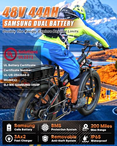 W Wallke Actual 2800W Dual Motor Folding Mountain Electric Bike, 48V 44Ah Battery 170 Mile,26" Fat Tire 35MPH Fast Adult Ebike