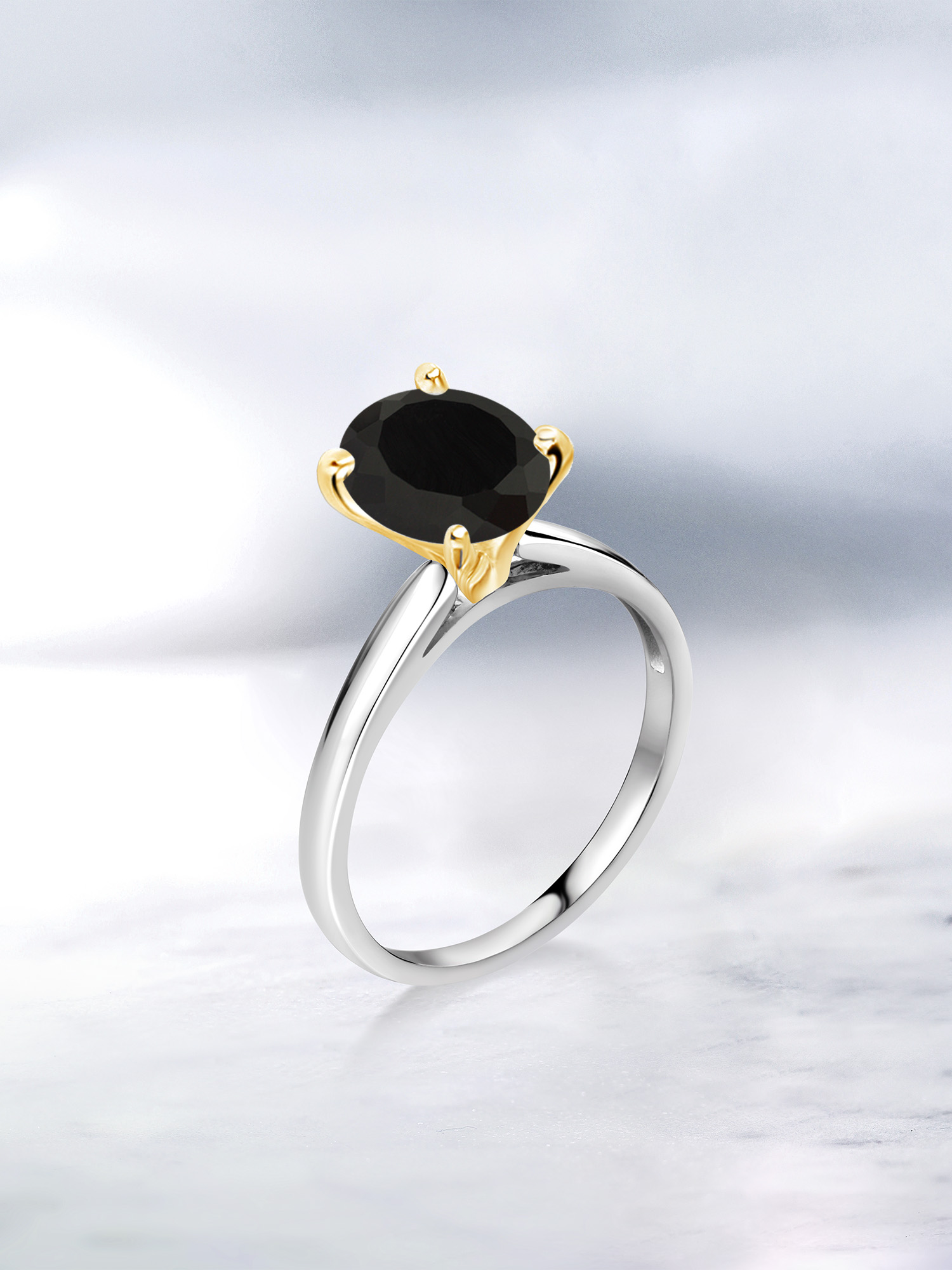 Gem Stone King 2.00 Ct Oval Black Onyx 925 Silver and 10K Yellow Gold Ring Ring