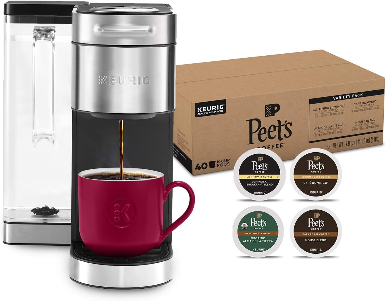 Keurig K-Supreme Plus Coffee Maker, Stainless Steel + Peet's Coffee Dark, Medium, & Light Roast K-Cup Coffee Pods for Keurig Brewers, Pods