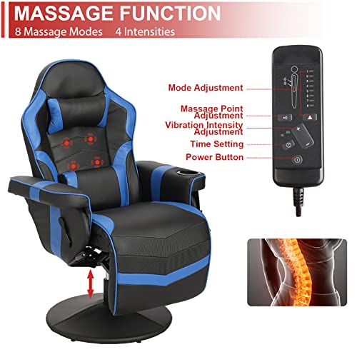 Massage Video Gaming Recliner Chair - Ergonomic Backrest & Seat Height Adjustment Swivel Recliner