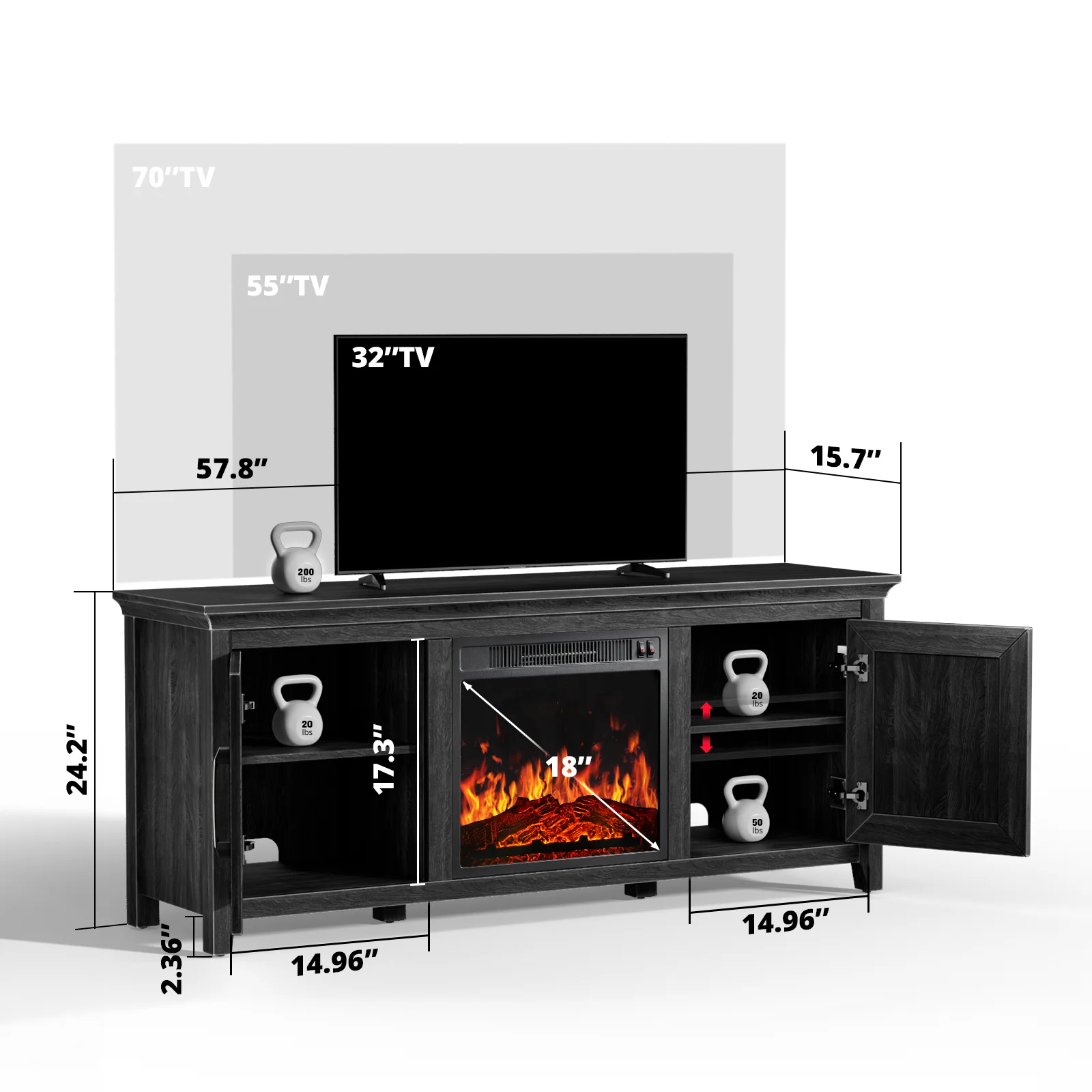 Fireplace TV Stand for 70 inch TV Fireplace Entertainment Center with Adjustable Shelves TV Console Table for Living Room Bedroom