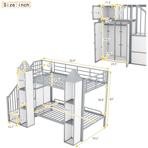Full-Over-Full Castle Style Bunk Bed with 2 Drawers and 3 Shelves, Wood Bunk Bed Frame with Slide and Storage Staircase for Kids Teens Boys Girls