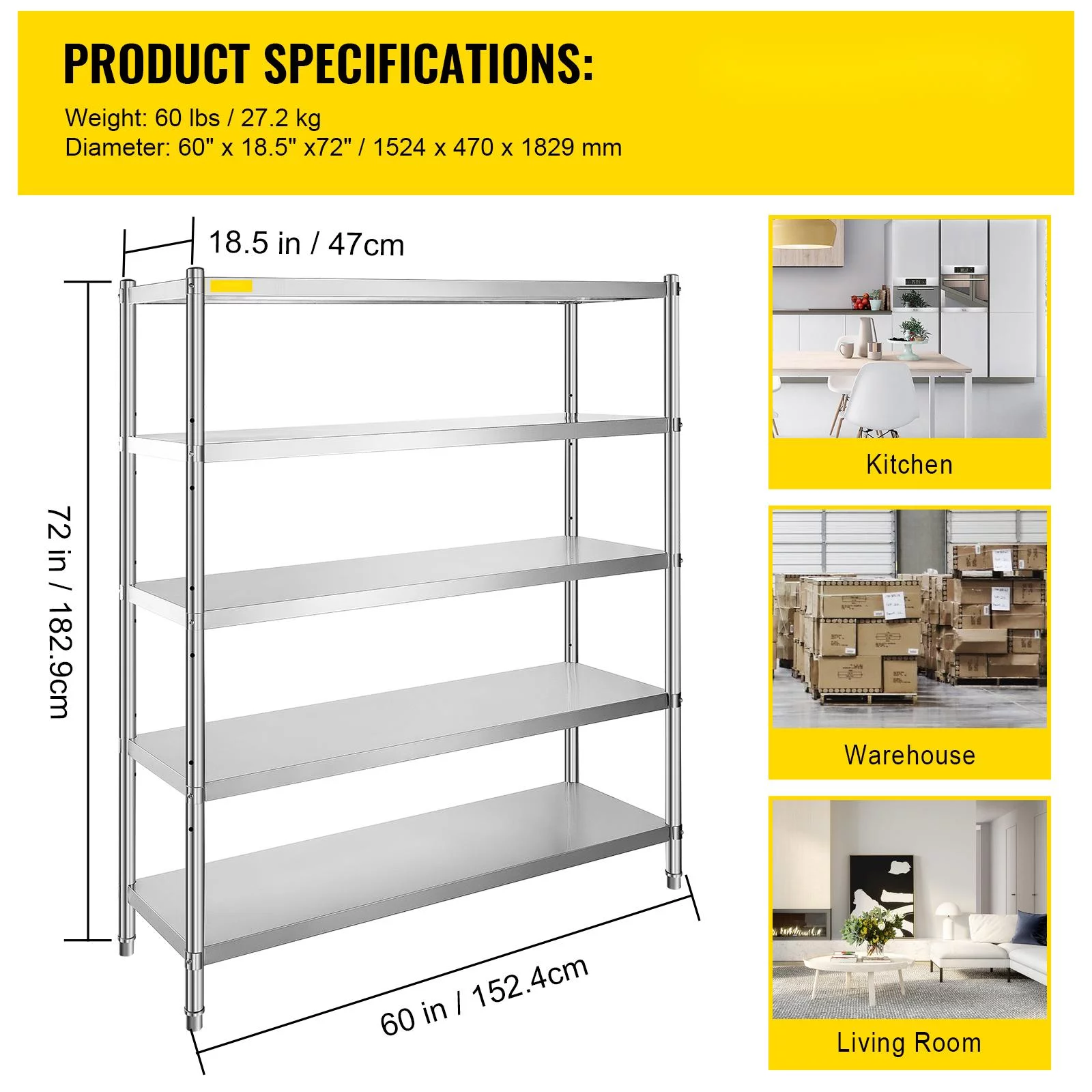 BENTISM Shelving Unit Storage Shelves 60x18.5 inch 5-Tier Stainless Steel 330lb Per Kitchen Shelf