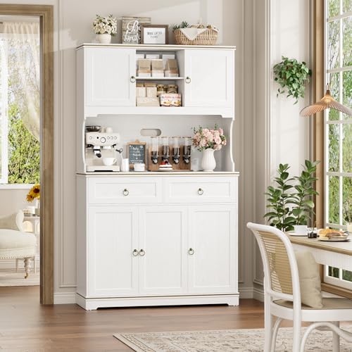 HOSTACK Large Kitchen Pantry Cabinet with Charging Station, 71" Kitchen Hutch Cabinet with Storage Drawers and Countertop