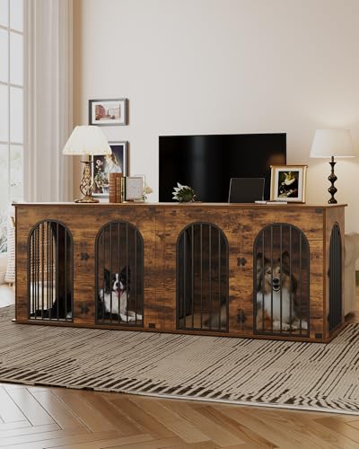 71" Dog Crate Furniture for 2 Dogs, Heavy Duty Indoor Dog Kennel TV Stand, XXL Wooden Dog Cage with Divider for Medium Large Dogs
