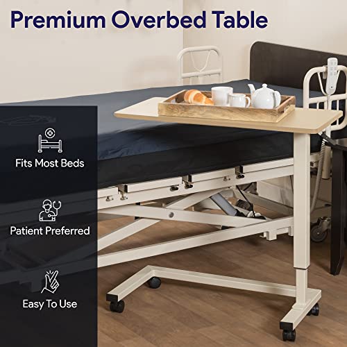Medacure Hospital Bed Table, Light Oak - Overbed Table with Wheels & Adjustable Height - Food, Laptop, and Reading Overbed Desk