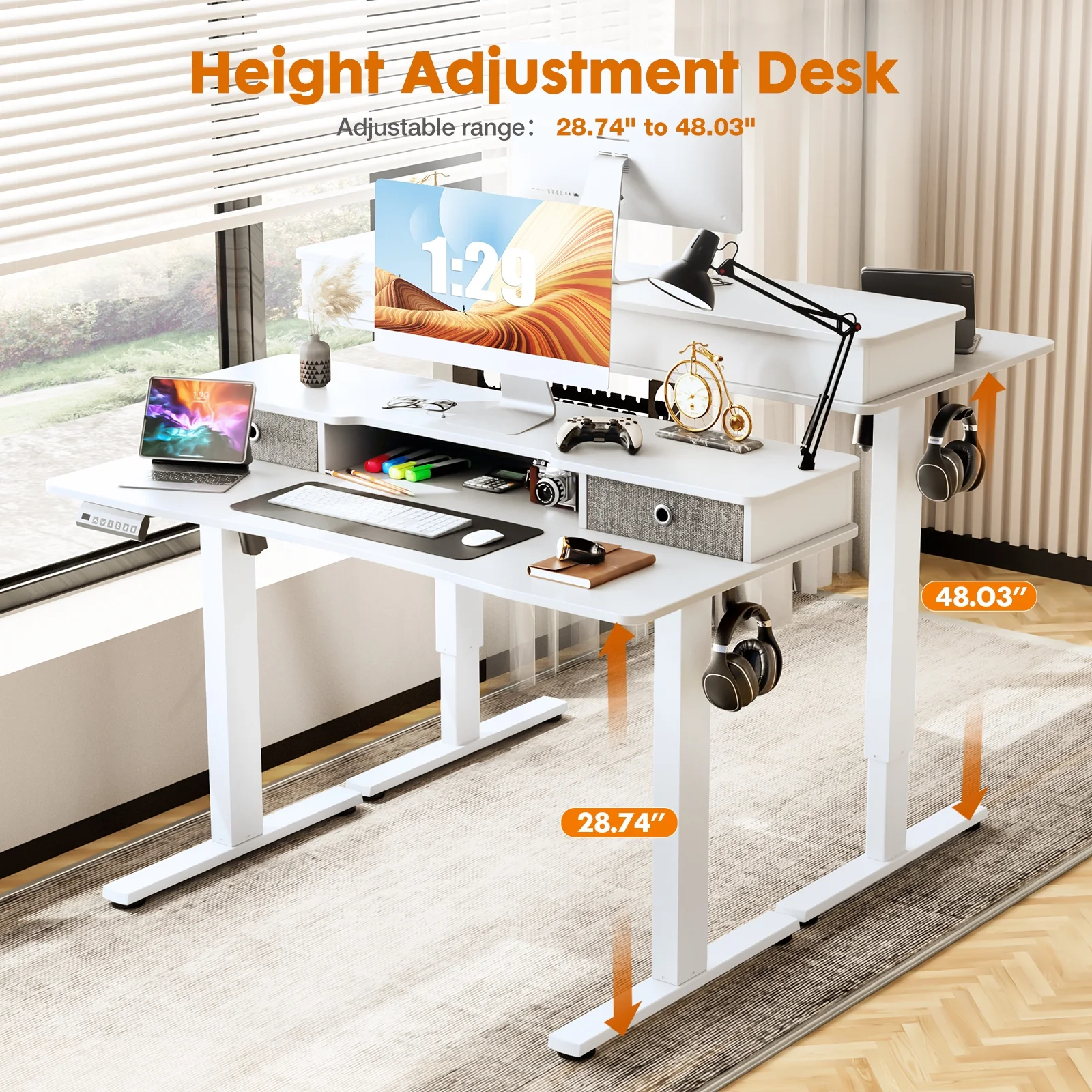 Sumdeal 55 x 24 Inch Height Adjustable Electric Standing Desk with Double Drawer, Stand Up Desk with Storage Shelf, Sit Stand Desk,White,55X24Inch