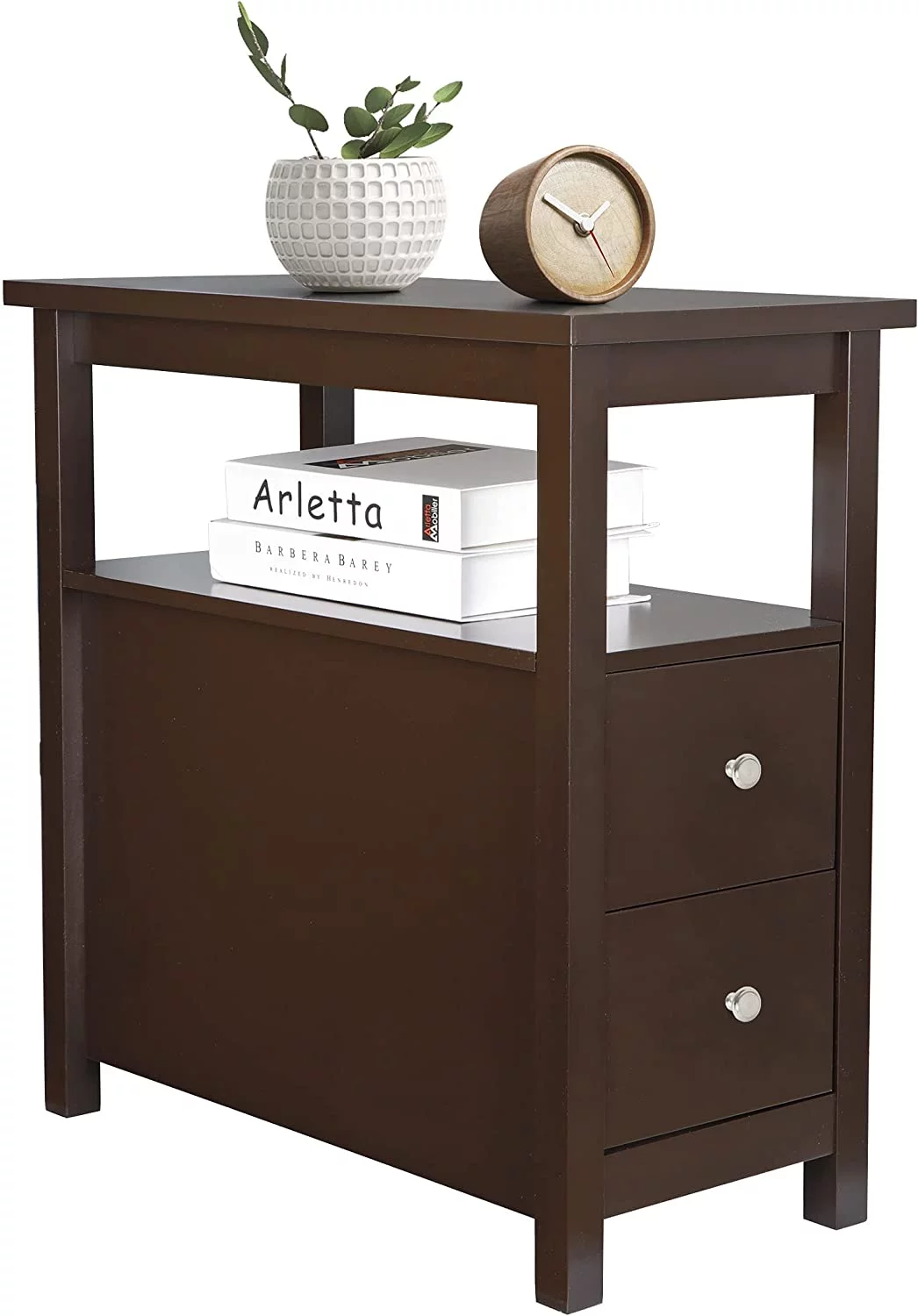Side Table Set of 2 Chairside Table Narrow End Table with  Shelf and Drawers Small End Table for Bedroom Living Room Kitchen Wood Espresso