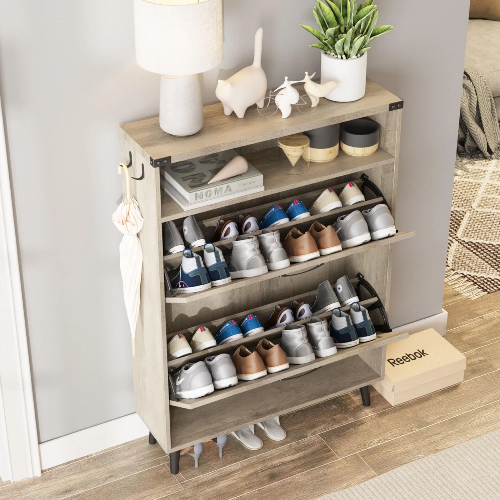 VEANERWOOD Shoe Cabinet with 2 Flip Drawers, Shoe Storage Cabinet for Entryway, Freestanding Shoe Cabinet Organizer with Open Storage