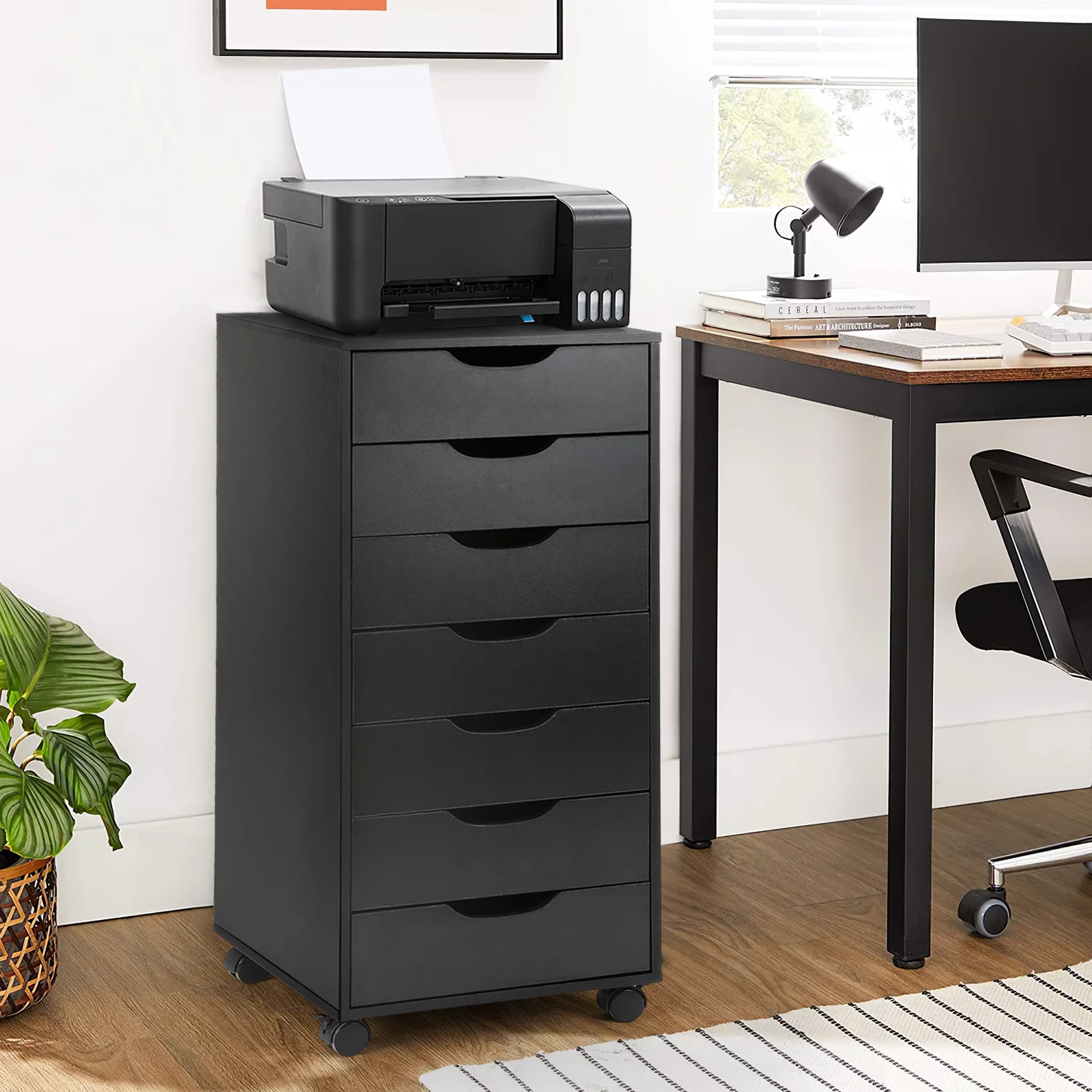 Richya 7-Drawer Chest, Storage Dresser Cabinet with Wheels, Tall Chest of Drawers for Closet and Bedroom (Black, 7 Drawer)