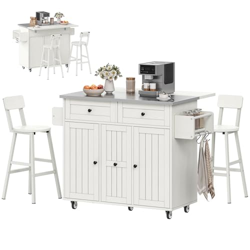 DWVO Kitchen Island on Wheels, Mobile Kitchen Island Cart with Folding Drop Leaf Breakfast Bar, Island Table for Kitchen with Large Storage Cabinets