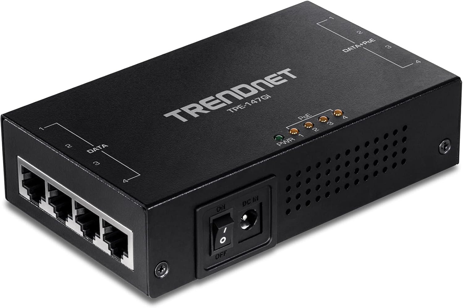 TRENDnet 65W 4-Port Gigabit PoE+ Injector, TPE-147GI, 4 x Gigabit Ports(Data in), 4 x gigabit PoE Ports(Data + PoE Out)