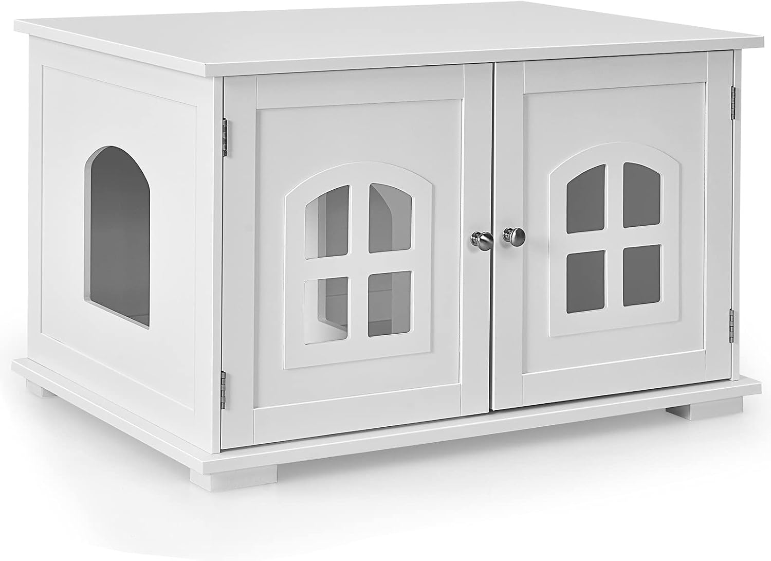 PETSITE Cat Litter Box Enclosure Furniture Hidden, Kitty Wooden Washroom Storage Cabinet Bench w/Cross Windows, Double Door, Arched Doorway