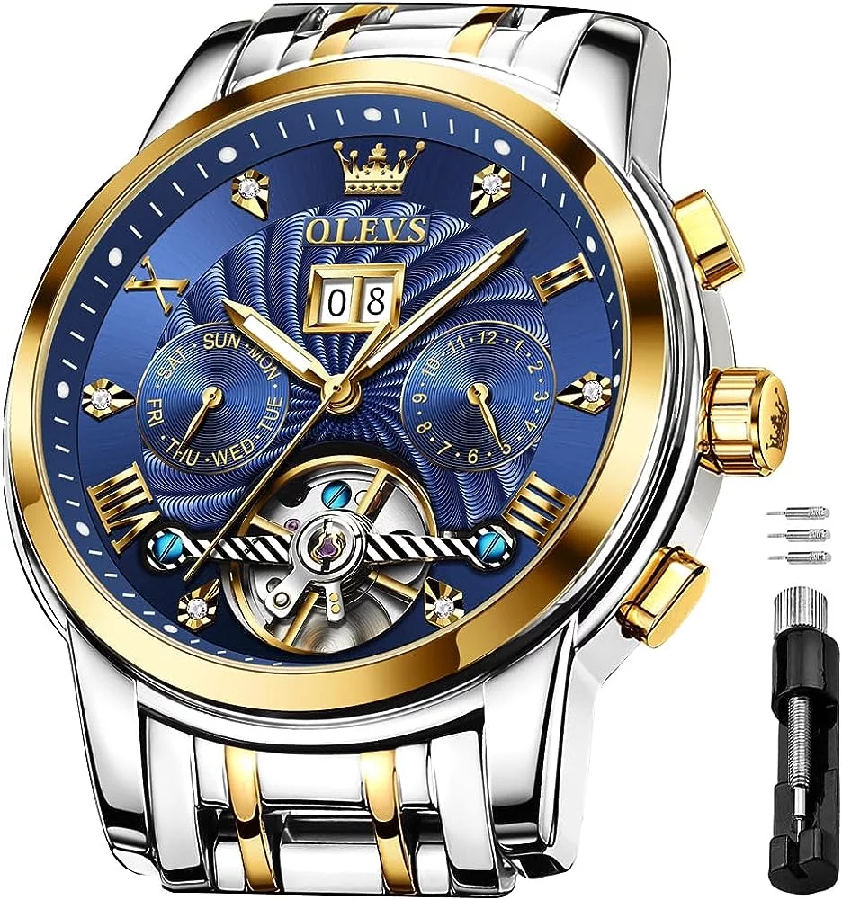 OLEVS Watch for Men Automatic Skeleton Tourbillon Mechanical Self Winding Business Luxury Dual Calendar Stainless Steel Luminous Waterproof Man Wrist