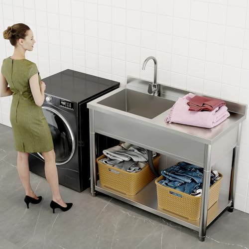 Stainless Steel Utility Sink, Large Freestanding Laundry Sink with Pull-out Faucet for Kitchen, Bathroom, Laundry Room, Garage, Outdoor/Indoor Use