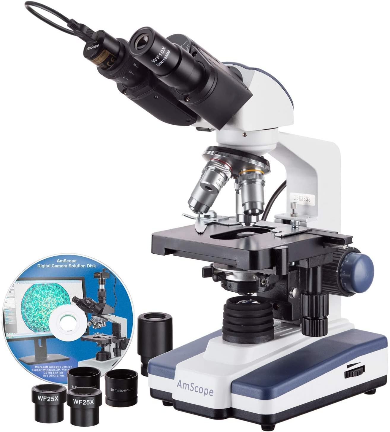 AmScope B120C-E1 Siedentopf Binocular Compound Microscope, 40X-2500X Magnification, LED Illumination, Abbe Condenser, Two-Layer Mechanical Stage