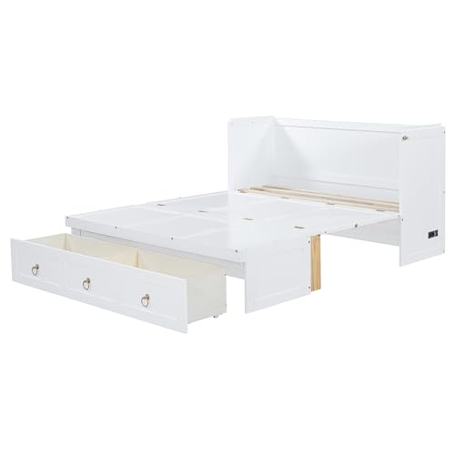 Harper & Bright Designs Full Size Murphy Bed Wall Bed, Solid Pine Murphy Bed Chest Cube Cabinet Bed with USB