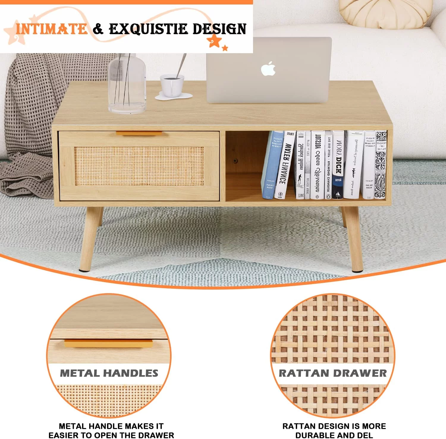 xrboomlife Rattan Coffee Table Mid Century Modern Center Rectangular Tables with 2 Drawers and Open   Wooden Small Media Table for Home Living Room