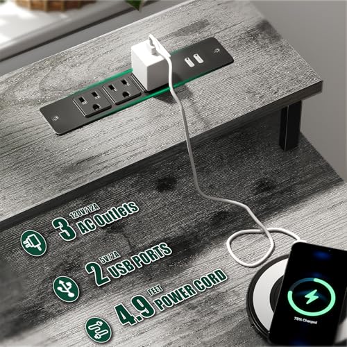 47 Inch Computer Gaming Desk with Power Outlets LED Lights Reversible Home Office with Adjustable Fabric Storage Drawers for Working Writing Study