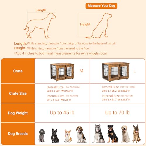 Lulive Dog Crate Furniture for Medium Dogs, 32'' Dog Kennel Indoor with Cushion & Wheels Wooden Dog Cage Double Doors Dog Crate End Table, Grey