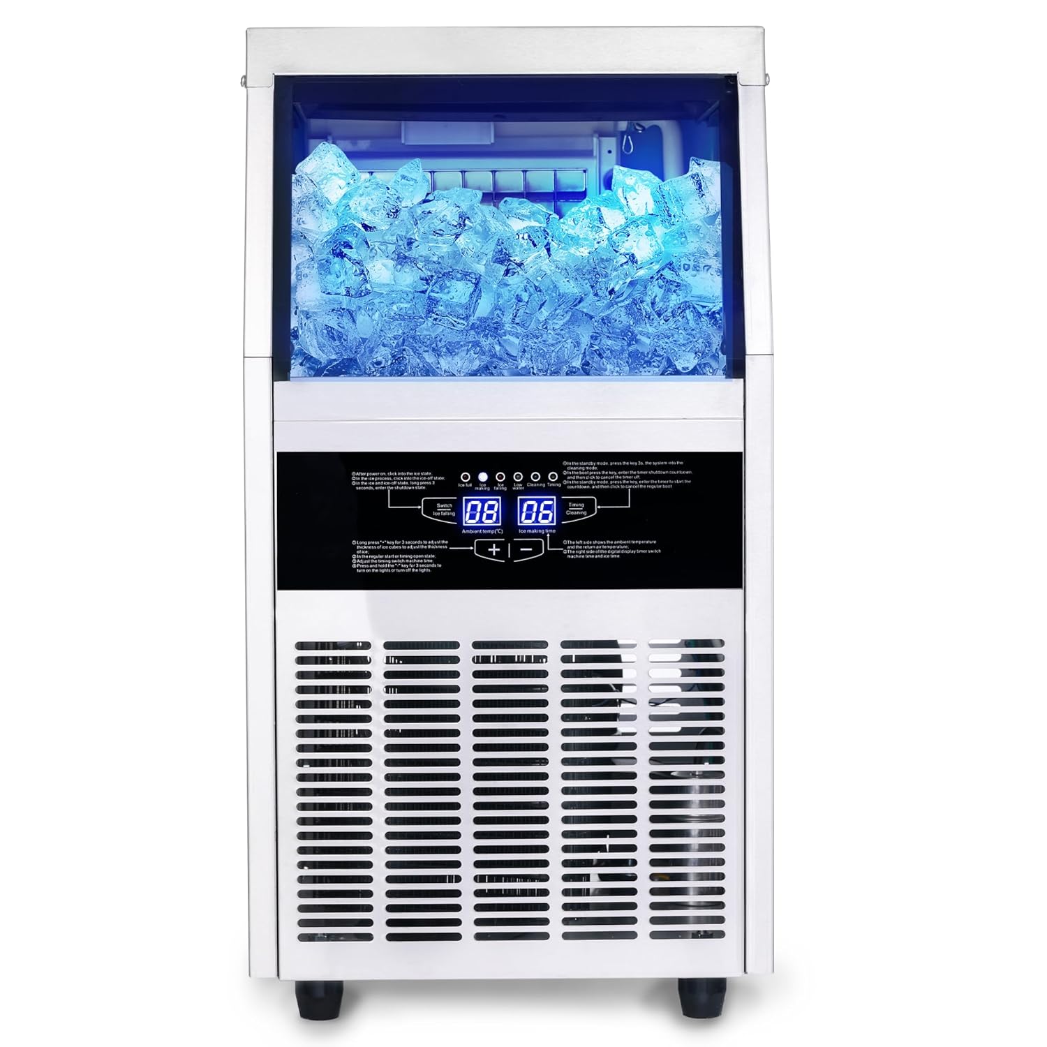 Ice Maker, Commercial Ice Maker Machine 120-130LBS/24H with 28LBS Storage Bin, Freestanding/Under Counter Ice Machine for Home/Party/Bar/Restaurant