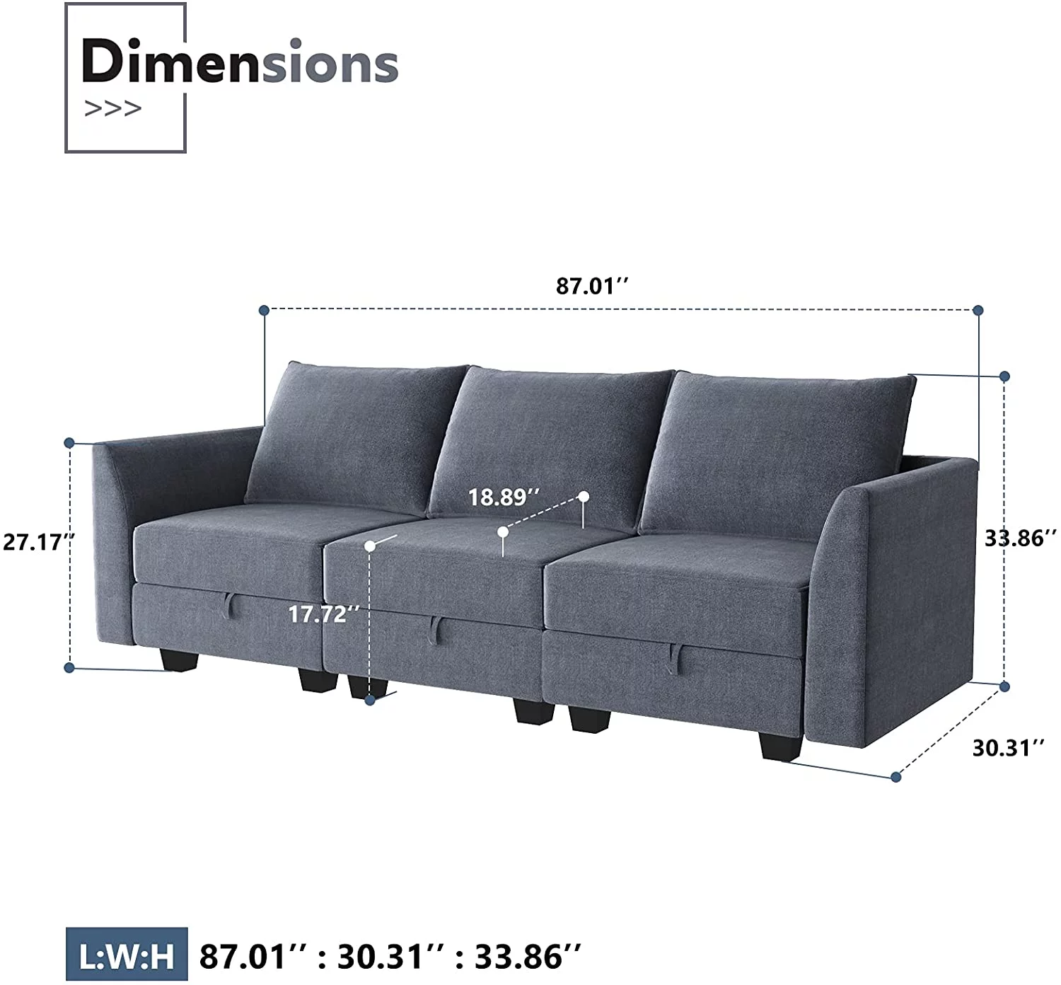 HONBAY Modern Sectional Sofa Upholstered 3-Seater Modular Couch, Bluish Gray