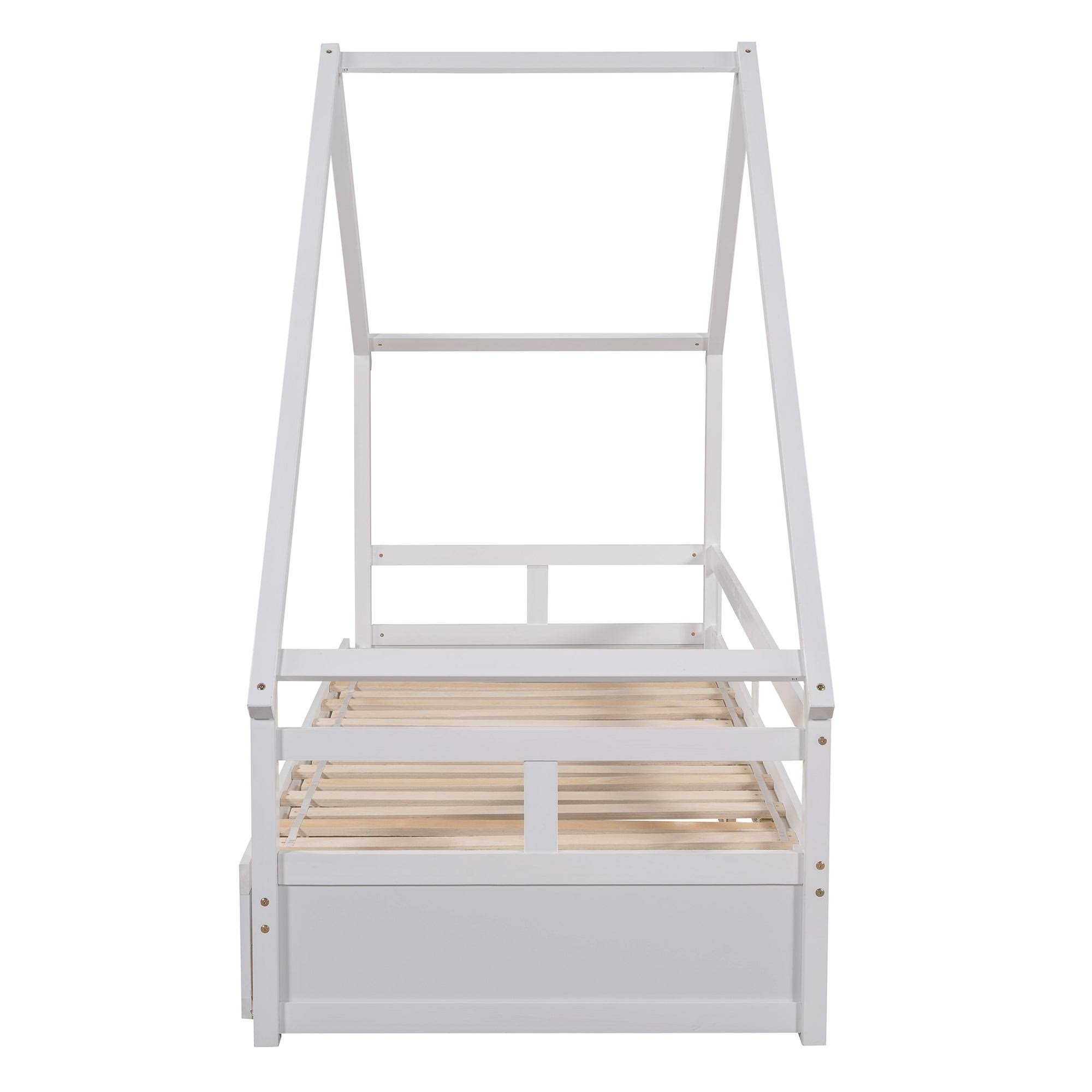 Twin-King Wooden House Extending Daybed with Two Drawers, Pine, White - Espresso