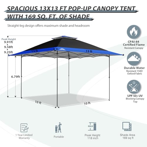 EAGLE PEAK 13x13 Straight Leg Pop Up Canopy Tent Instant Outdoor Canopy Easy Single Person Set up Folding Shelter w/Auto Extending Eaves 169 Square