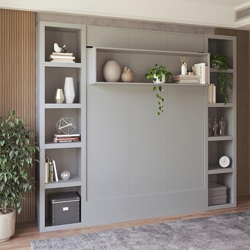 Oakland Living Easy-Lift Queen Murphy Wall Bed in Brown Wood Grain with Two Bookshelves