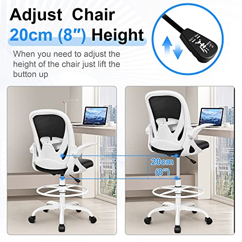 Primy Drafting Chair Tall Office Chair with Flip-up Armrests Executive Ergonomic Computer Standing Desk Chair with Lumbar Support and Adjustable