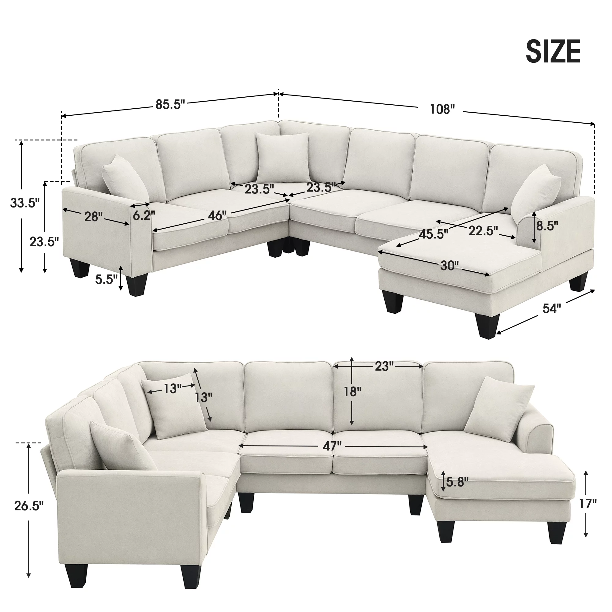 U-Shaped Sectional Couch with Chaise, Modern Upholstered Couch, 7-Seater Sectional Couch with 3 Pillows and Plastic Legs, Heavy Duty Sofa Furniture