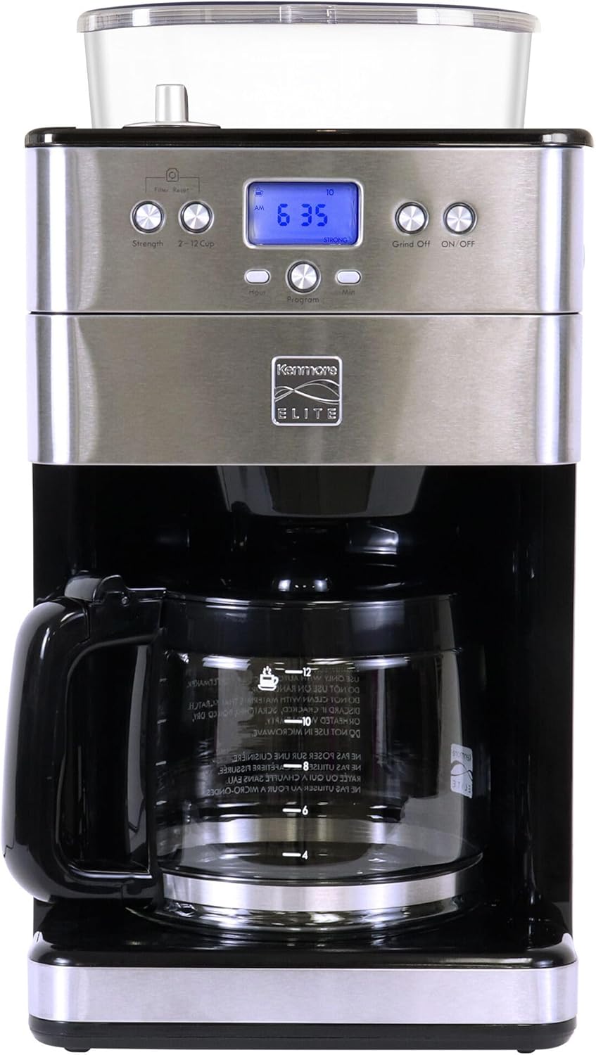 Kenmore Elite Grind and Brew Coffee Maker w/ Burr Grinder, 12 Cup Programmable Automatic Timer Brew Coffee Machine, Air-Tight Bean Hopper
