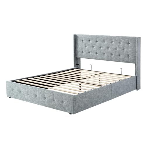 Allewie Full Size Lift Up Storage Bed, Modern Wingback Headboard, Hydraulic Support, No Box Spring Needed, Light Beige