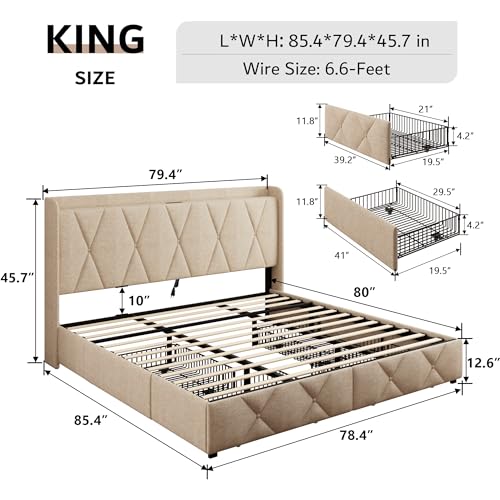 iPormis Queen Bed Frame with 4 Storage Drawers, Upholstered Platform Bed Frame with Charging Station, Modern Wingback Storage Headboard