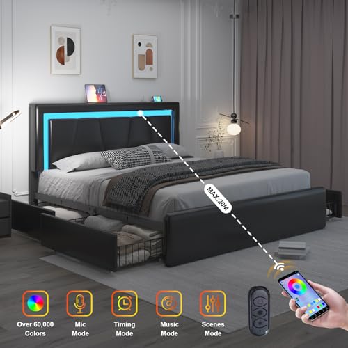 Full Size Bed Frame with 4 Storage Drawers and LED Lights, Upholstered Platform Bed with Adjustable Headboard and Charging Station