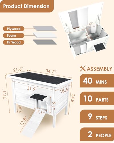 Ivy&Lane Outdoor-Cat-House | Insulated-Feral-Cat-Shelter | Weatherproof | for Winter | Foam & Wood | Large | for Multiple Cats | Fold-up Stair |