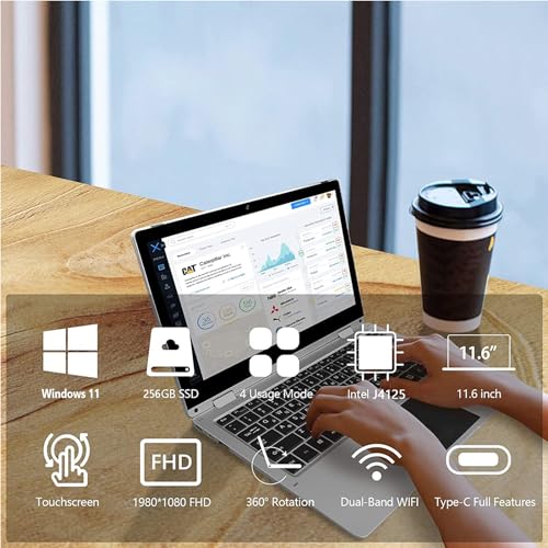 Windows Laptop, 2 in 1 with Touchscreen,11.6 inch FHD Windows 11 Laptops Computer,4GB RAM,256GB SSD Storage