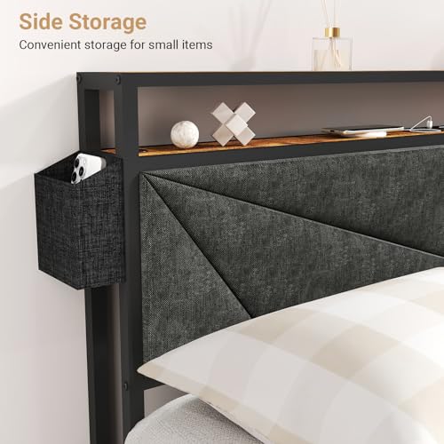 Full Size Bed Frame with Headboard, LED Platform Bed with 4 Storage Drawers, Built in Charging Station, Noise-Free, Metal Support Base