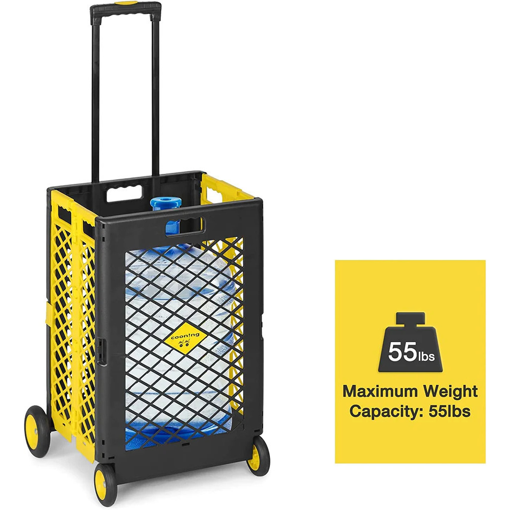 Foldable Rolling Cart with Wheels Portable Updated Utility Tools Rolling Crate with Telescopic Handle Yellow